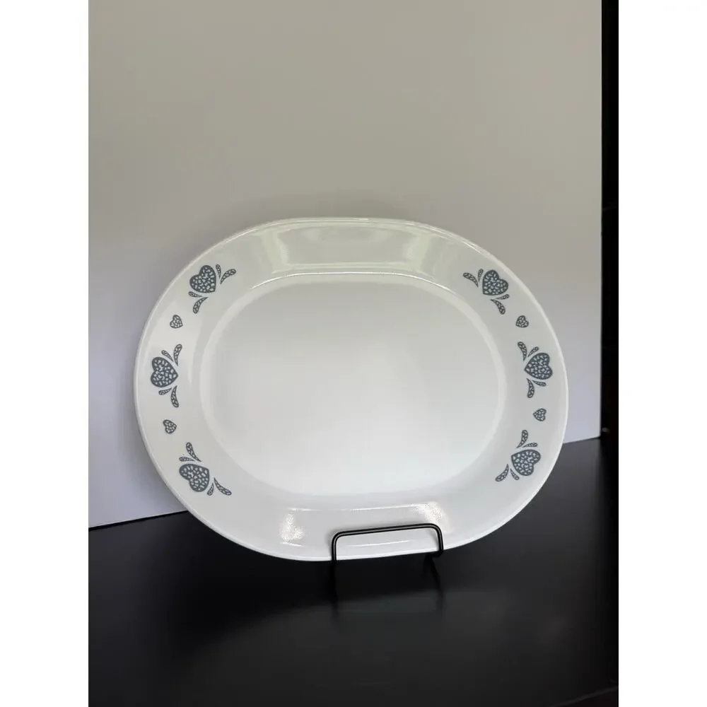 Vintage Corelle Country Cottage Blue Hearts Oval Serving Platter 10 x 12.25”